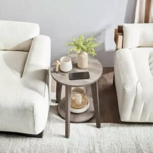 Round Side Table with Lower Shelf End Table for Small Spaces Nightstand Living Room Greige