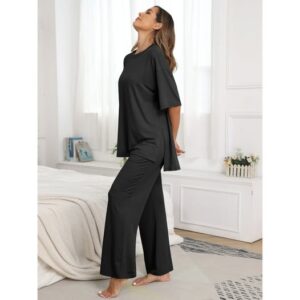 MINTREUS Lounge Sets for Women Knit Short Sleeve Tops and Long Pants Soft Comfy Pajamas Set
