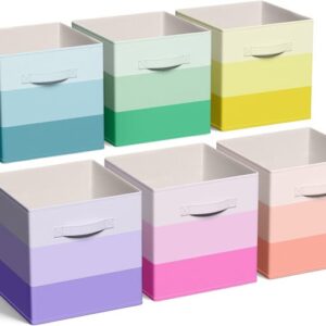6 Pcs Fabric Storage Cubes Bins with Metal Handle 11 Inch Macaron Colored Striped Style Collapsible Bins Cube Storage Organizer