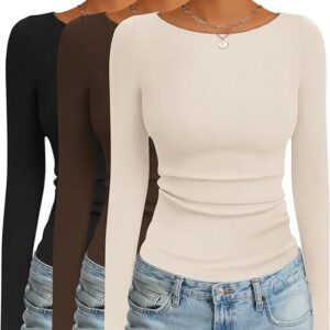 Ekouaer 3 Pack Womens Long Sleeve Shirts Boat Neck Ribbed Thermal Undershirts