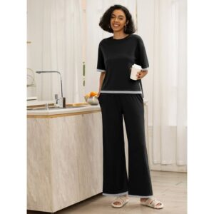 MINTREUS Women's Cotton 2-Piece Loungewear Short-Sleeve Round-Neck Pullover Top Wide-Leg Pants