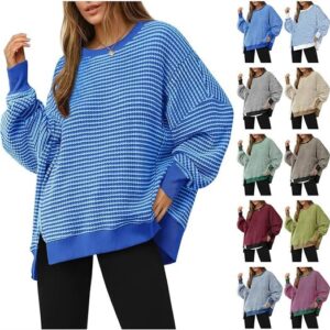 Women's Oversized Sweatshirt Trendy Waffle Knit Crew Neck Pullover Tops