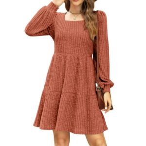 Fantaslook Fall Dresses for Women Square Neck Long Sleeve Dresses Casual Babydoll Sweater Dress