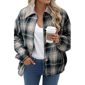 Dokotoo Womens Flannel Plaid Shacket Jackets Corduroy Collar Long Sleeve Button Down Fleece Jackets Warm Coat