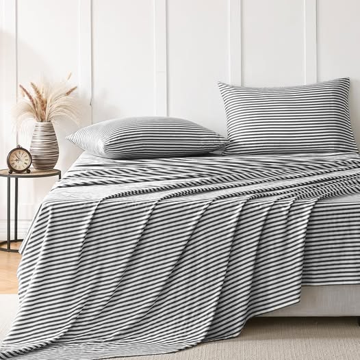 JELLYMONI 100% Cotton Bed Sheets Set – Dark Gray and White Stripes