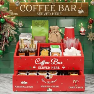Chunful Red Christmas Hot Cocoa Bar Organizer Wood Coffee Station Storage Box Countertop