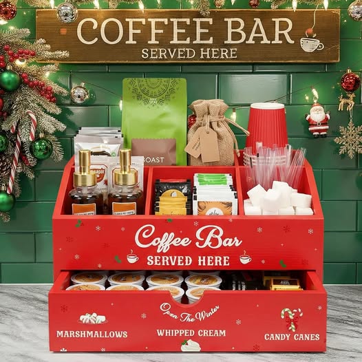 Chunful Red Christmas Hot Cocoa Bar Organizer Wood Coffee Station Storage Box Countertop