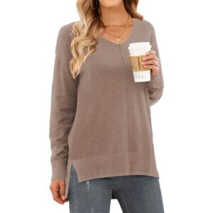 MOSHU V Neck Sweaters for Women Fall Lightweight Knit Pullover Sweater Side Slits Tops