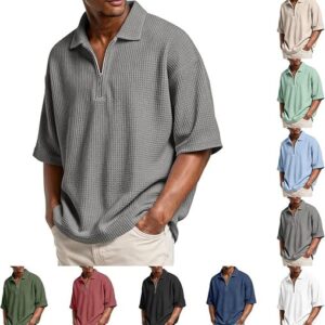 Mens Polo Shirts Short Sleeve Waffle Shirt with Collar Quarter Zip Pullover