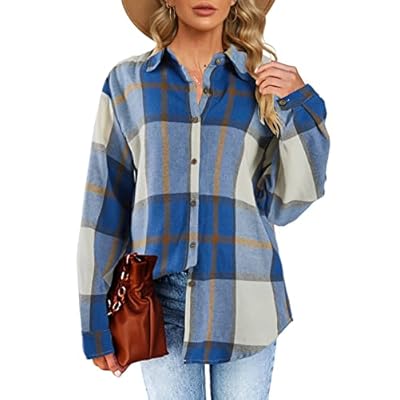 Womens Long Sleeve Plaid Shirts Flannel Collared Button Down Shackets