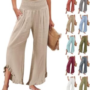 Linen Pants Women Boho High Waisted Flowy Ruffle Palazzo Pants