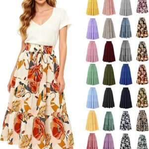 Skirts for Women Midi Length Summer Floral Skirt Holiday Flowy Ruffle Tiered Skirt