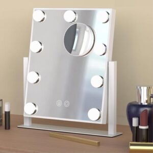 Lighted Vanity Mirror for Desk or Dorm, Dimmable 9 LED Bulbs Makeup Mirror with 3 Color Lights