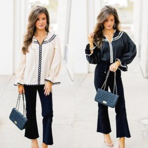 Cicy Bell Womens Ruffle Puff Sleeve Blouse V Neck Trim Shirts