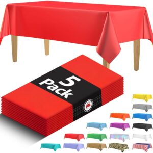 5 Pack Premium Red Plastic Tablecloth - 108 x 54 in. Disposable Rectangle Plastic Cloths
