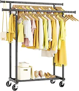 Double Rods Clothes Rack, Rolling Clothing Rack for Hanging Clothes Portable