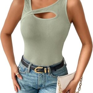 Women's Sexy Cut Out Asymmetrical Neck Sleeveless Fitted Tank Top