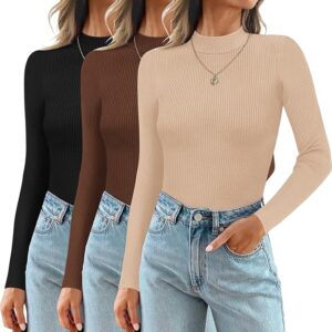 Ekouaer 3 Pack Mock Turtlenecks Tops for Women Long Sleeve Ribbed Shirts
