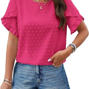 PRETTYGARDEN Women's Tops 2025 Summer Ruffle Short Sleeve Crewneck