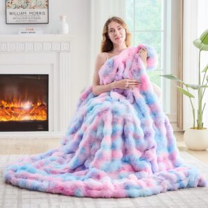 Lotus Karen Faux Fur Throw Blanket Tie-Dye Purple Rainbow