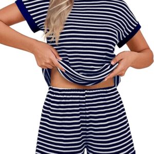 EKOUAER 2 Piece Sets for Women Summer Outfits Cute Stripe Knit T Shirts Shorts Matching Lounge Set