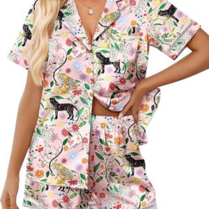 Ekouaer Womens Silk Pajama Sets Button Up Satin Pjs Short Sleeve 2 Piece