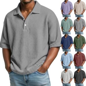Mens Polo Shirts Short Sleeve Collared Waffle Henley Shirts Slim Fit Casual Golf Shirt