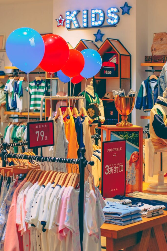 vibrant kids clothing store with colorful decor
