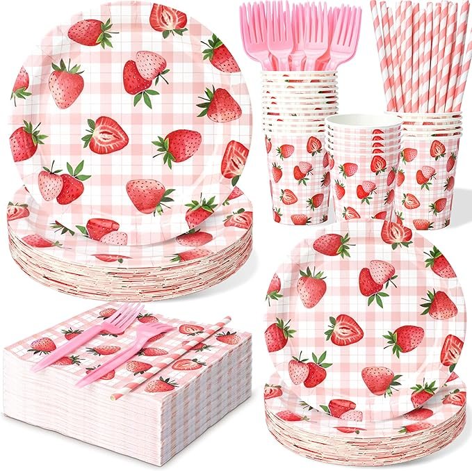 144 Pcs Strawberry Plates and Napkins Tableware Set