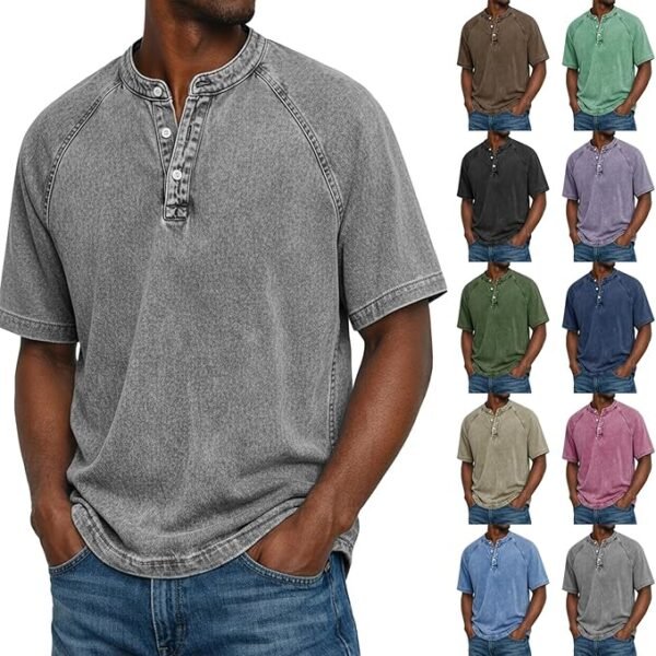 Mens Henley Shirts Short Sleeve Distressed Washed