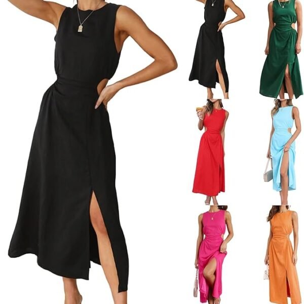 Linen Dresses for Women Cutout Waist Slit Maxi Dress