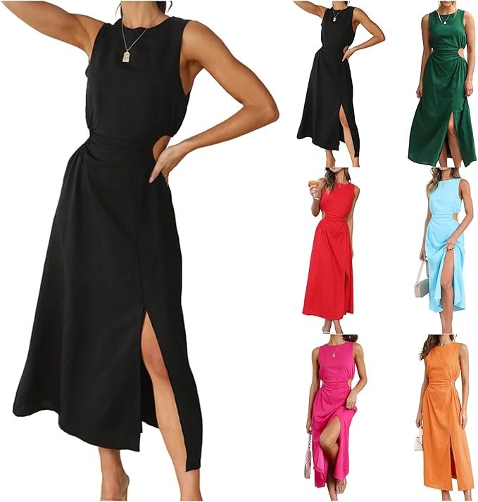 Linen Dresses for Women Cutout Waist Slit Maxi Dress