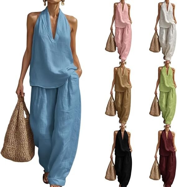 Womens Linen 2 Piece Sets Sleeveless Halter Top Wide Leg