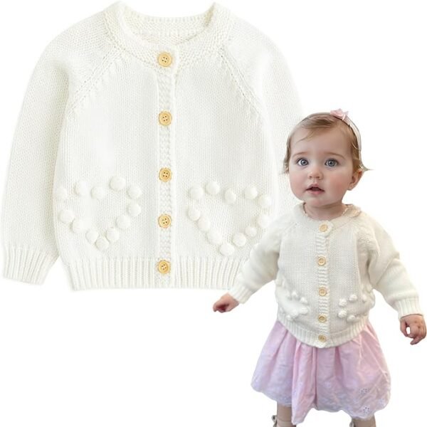 Simplee kids Baby Girl Knit Cardigan Sweater Cream Cotton Autumn Coat