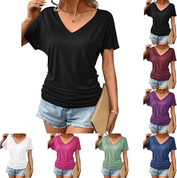 Womens Summer T-Shirts V Neck Ruched Short Sleeve