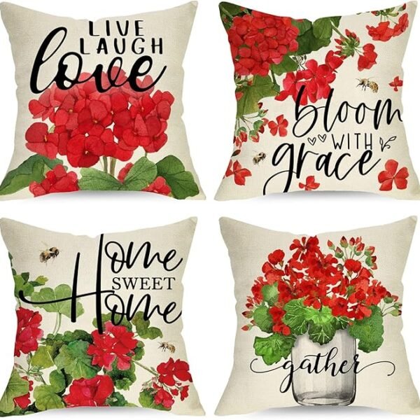 Red Geranium Flower Decorative Throw Pillow Covers 20 x 20 Set of 4