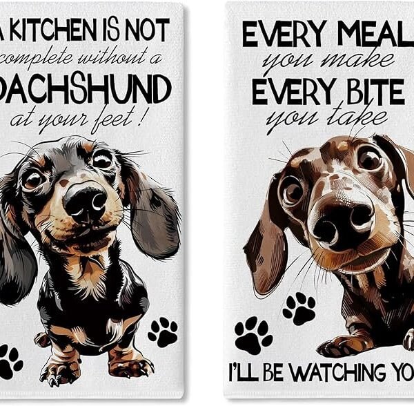 Cute Dachshund Dog Kitchen Dish Towels Set of 2