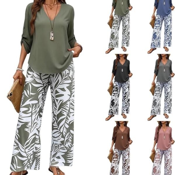 2 Piece Sets for Women 3/4 Sleeve V Neck Top Boho Printed