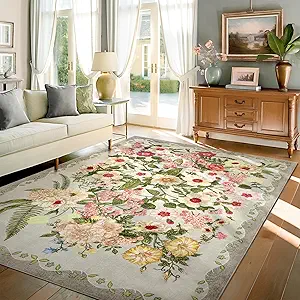 Floral Bedroom Rug - 4x6 Washable Area Rugs Non-Slip