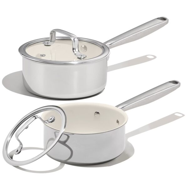 Carote 1.5QT & 3QT Tri-Ply Stainless Steel Ceramic Nonstick Saucepan Set, Induction Ready