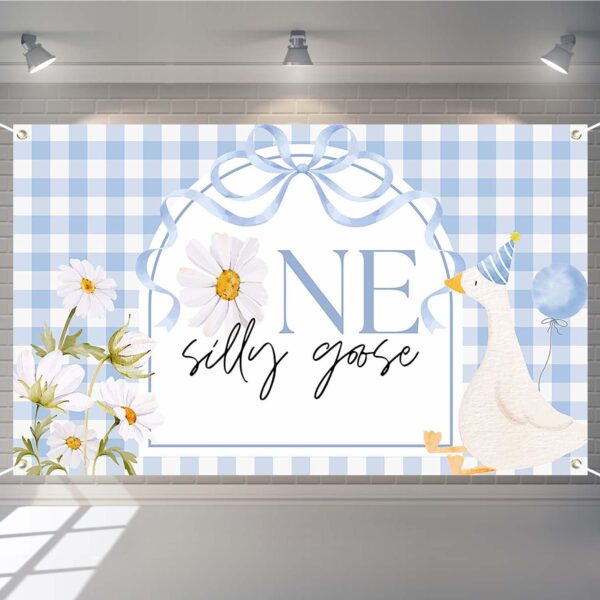 One Silly Goose Backdrop Blue Gingham Goose First Birthday Party Banner