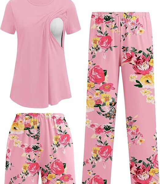 Ekouaer 3 Piece Maternity Pajamas Set
