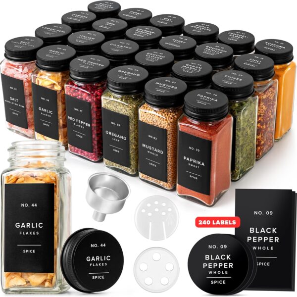 EDELHAUS Glass Spice Jars with Label and Black Aluminium Lids