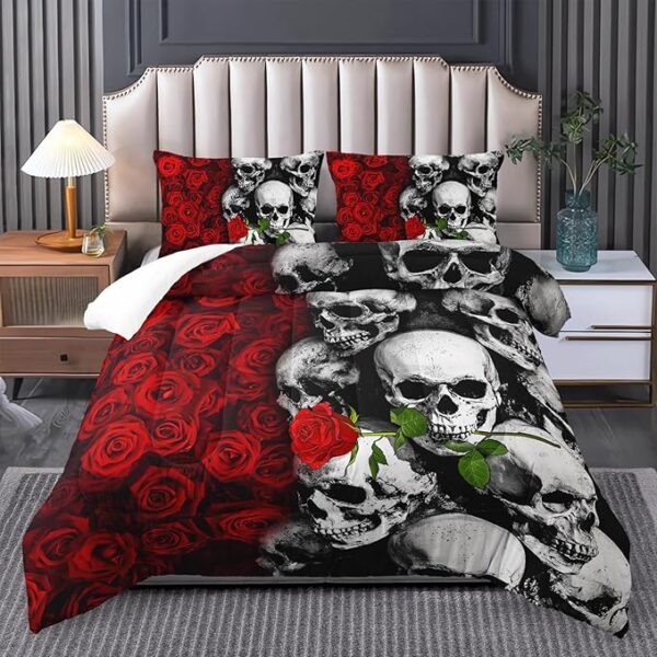 Gothic Queen Size Bedding Set - Skull & Rose