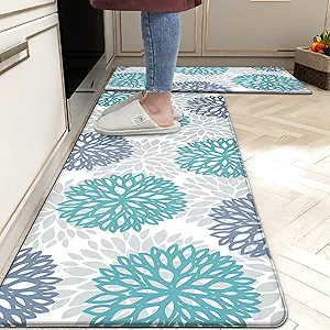 Teal Kitchen Mats Set of 2 Cushioned Anti Fatigue Kitchen Rugs