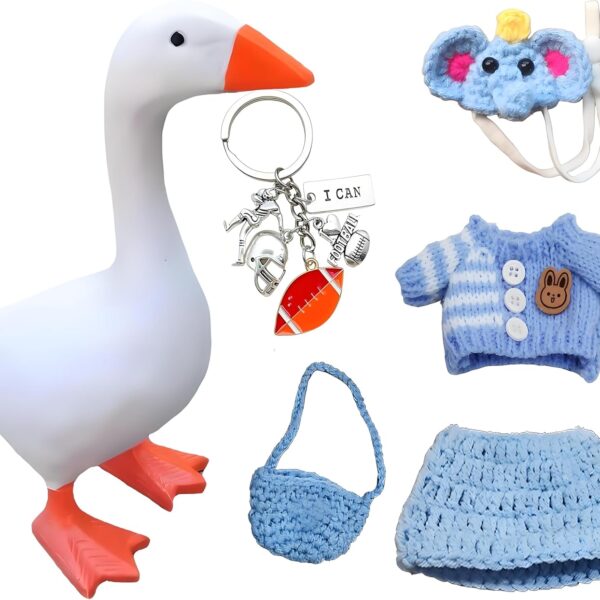 Desk Goose with Outfits and Football Keychain