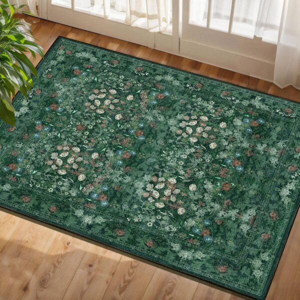 Green Cottagecore Washable Floral Rugs for Entryway