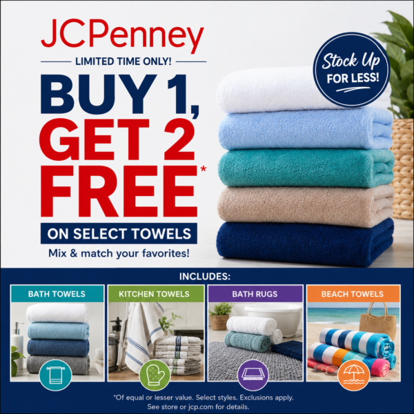 JCPenney has a HUGE towel sale right now   Buy 1, Get 2 FREE on select towel