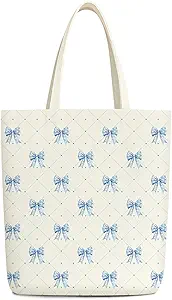 Blue Bow Canvas Tote Bag for Women