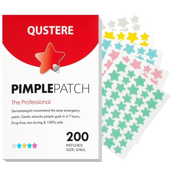 QUSTERE Pimple Patches for FaceQUSTERE Pimple Patches for Face, Hydrocolloid Acne Patches, Cute Star Zit Covers, Colorful Spot Stickers with Tea Tree, Salicylic Acid & Cica Oil| 3 Sizes (10mm, 12mm & 14mm) |200 Count